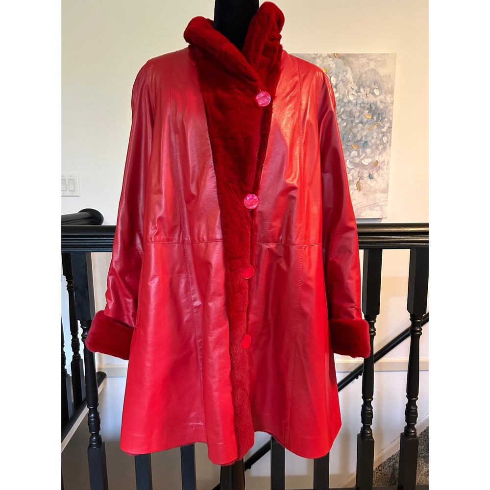 Red Reversible Faux Fur and Leather Coat Mid-Length Stand Collar Jacket